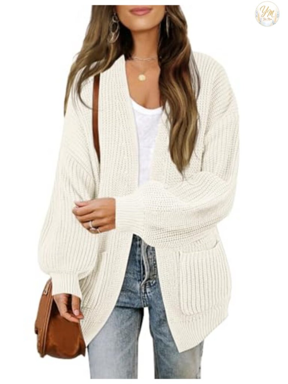 Oversized Lantern Sleeve Open Front Knit Cardigan Sweater